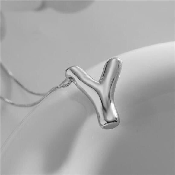 Silver Initial Pendant Necklace – Personalized Letter “Y” Trendy Stuffed Bubble - Picture 2 of 5